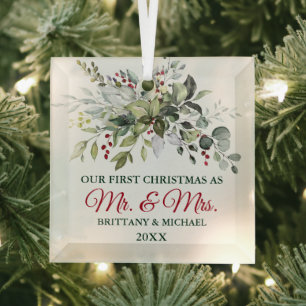 Ornement En Verre Elégante aquarelle verdure baies Noël