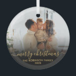 Ornement En Verre Elégante Black Gold Family Photo Joyeux Noël<br><div class="desc">Elégant noir et or Lettré "Joyeux Noël" Script de la famille de photos ornement. Comprend votre photo de famille préférée,  "Joyeux Noël" calligraphie texte en écriture manuscrite,  nom de famille et année. Facile à personnaliser. Conseil photo : recadrez votre photo sur le formulaire carré avant de la télécharger.</div>