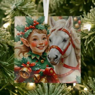 Ornement En Verre Elfe de Noël aux cloches, au houx et au cheval