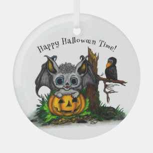 Ornement En Verre En attente d'Halloween, Bat mignonne et Corbeau
