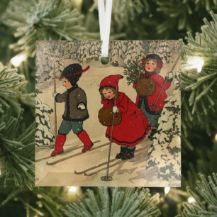 Ornement En Verre Enfants skieurs, une scène hivernale vintage