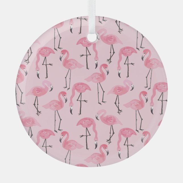 Ornement En Verre Ensemble Flamant rose rose, Motif d'été tropical. (Recto)