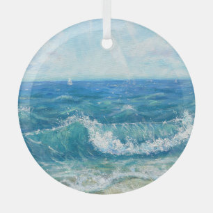 Ornement En Verre Eté, vagues bleues, peinture acrylique.