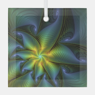 Ornement En Verre Etoile Abstraite, Bleu brillant Vert Or Fractal Ar