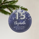 Ornement En Verre étoiles bleu marine de Quinceanera<br><div class="desc">Une couleur bleu marine arrière - plan avec des étoiles faux argent. La couleur bleue est inégale. Ajouter votre s,  texte/date</div>