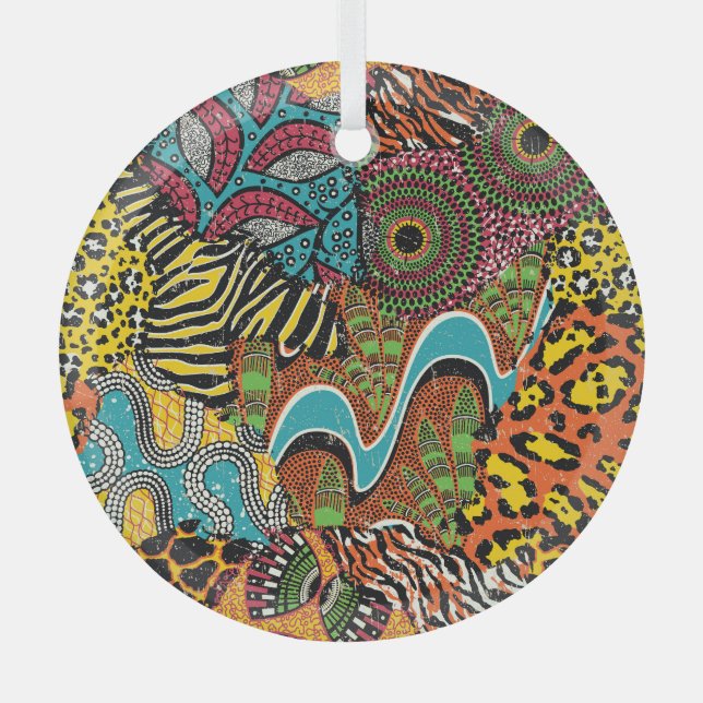 Ornement En Verre Fabric africain : Patchwork d'animaux sauvages. (Recto)
