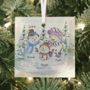 Ornement En Verre Famille de 3 Noms de Bonhomme de Neige de Noël Mig