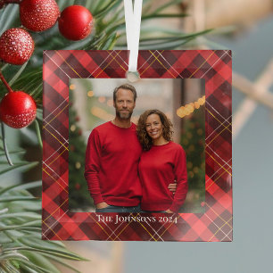 Ornement En Verre Festif Famille de Noël Photo Tartan Rouge Plaid