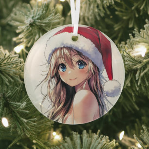 Ornement En Verre Festive Anime Girl Santa Hat avec yeux bleu clair