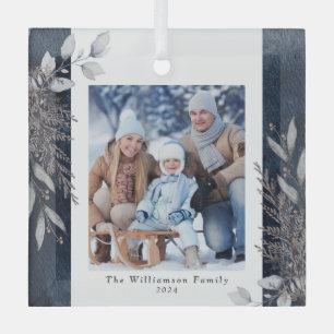 Ornement En Verre Feuillage d'hiver Tan & Grey Photo de Noël Bleu