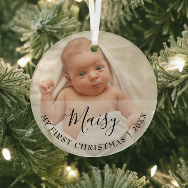Ornement En Verre First Christmas Baby Photo Script Name (Insitu)