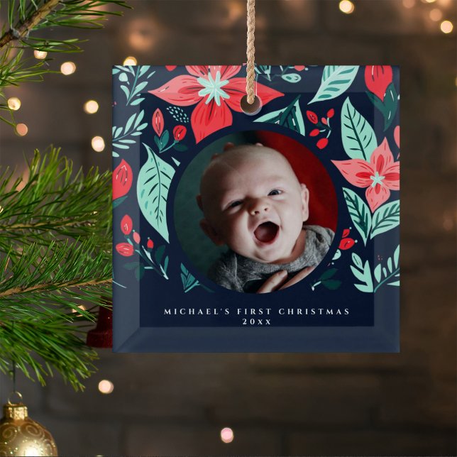Ornement En Verre First Christmas Botanical Red Floral Blue Photo (Créateur téléchargé)