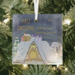 Ornement En Verre First Christmas New Home Santa Footprint Rooftop<br><div class="desc">First Christmas in new home holiday ornament - which you can personalize with the year and your new address. Fun design with cozy house rooftop against the midnight sky with santa footprints in the snow and some gifts ready to come down the chimney.</div>