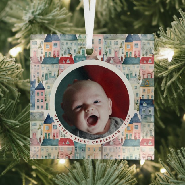 Ornement En Verre First Christmas Photo Red Festive Houses Holiday  (Insitu)