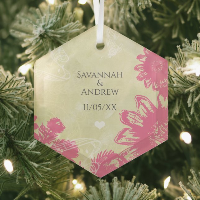 Ornement En Verre First Christmas Pink Blue Gerber Daisy Christmas (Insitu)