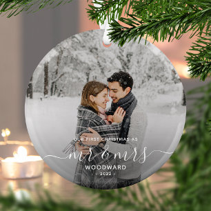 Ornement En Verre First Married Christmas Custom Photo White Script