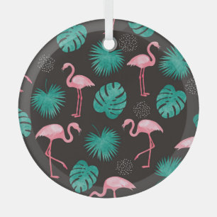 Ornement En Verre Flamant rose, palmiers feuilles : aquarelle tropic