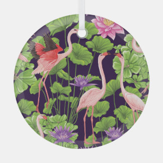 Ornement En Verre Flamant rose, plantes tropicaux, arrière - plan no