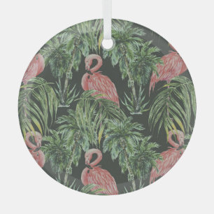 Ornement En Verre Flamants roses, motif vintage tropical.