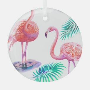 Ornement En Verre Flamants roses tropicaux : Orchidées Aquarelle tra