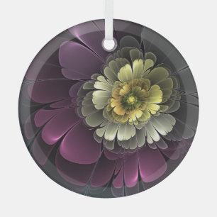 Ornement En Verre Fleur de cercle fractale grise et kaki pourpur abs