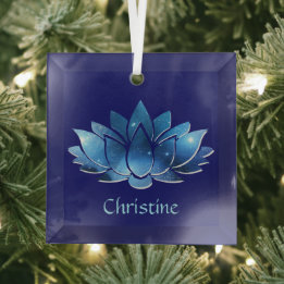 Ornement En Verre Fleur de Lotus de Galaxie Bleue Cosmique avec nom