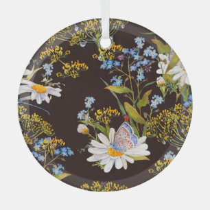 Ornement En Verre Fleur sauvage : aquarelle arrière - plan noire