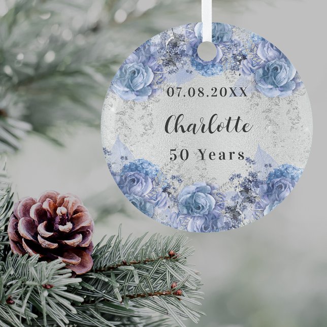 Ornement En Verre Fleurs bleu argenté (For both birthday party table decor and for decorating the Christmas tree as a keepsake)