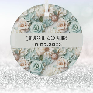 Ornement En Verre Fleurs crème verte poussiéreuse nom d'anniversaire
