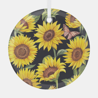 Ornement En Verre Fleurs de soleil, papillons, aquarelle noir