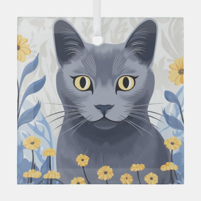 Ornement En Verre Fleurs Jaunes Chat Bleu Russe (Recto)