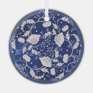 Ornement En Verre Floral chinois rond : Aquarelle bleue Vintage