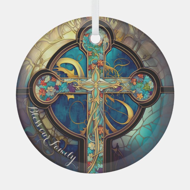 Ornement En Verre Floral Grace Vitrail Croix religieuse (Recto)