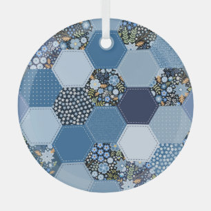 Ornement En Verre Floral, patchwork de denim : motif bleu.