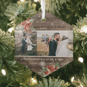 Ornement En Verre Foliage d'hiver   Anniversaire de Noël Marié