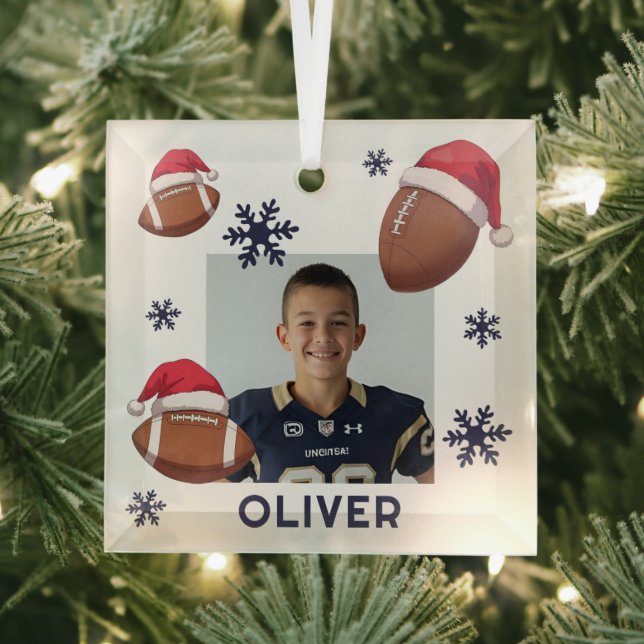 Ornement En Verre Football Santa Hat Name Photo Christmas  (Insitu)