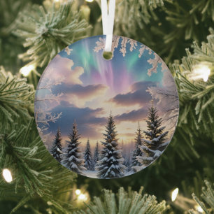 Ornement En Verre Forêt hivernale neige, cristaux de glace, aurores