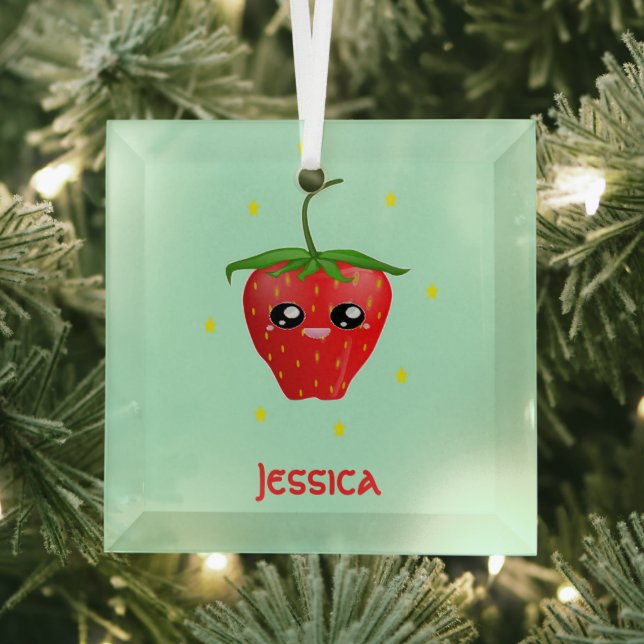 Ornement En Verre Fruit Monogram kawaii sur turquoise (Insitu)