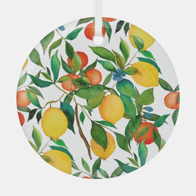 Ornement En Verre Fruits d'agrumes, motif d'aquarelle vibrante. (Recto)