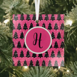 Ornement En Verre Fuchsia moderne & Black Christmas Tree Monogramme