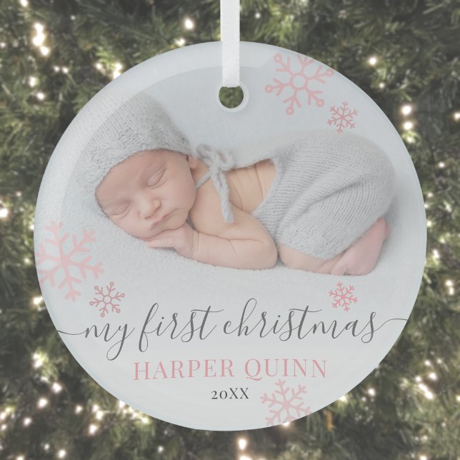 Ornement En Verre Girl Baby First Christmas Photo (Girl Baby First Christmas Photo Glass Ornament)