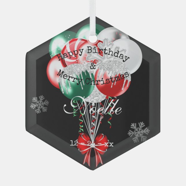 Ornement En Verre Glam Christmas Birthday Balloons and Snowflakes (Recto)