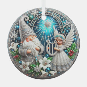 Ornement En Verre Gnome et Ange de Noël jouant de la harpe