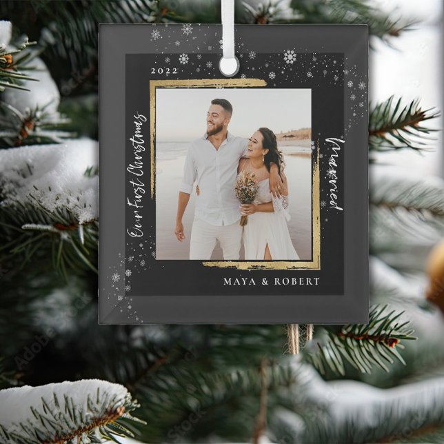 Ornement En Verre Gold encadré photo Notre premier Noël Marié   (Créateur téléchargé)