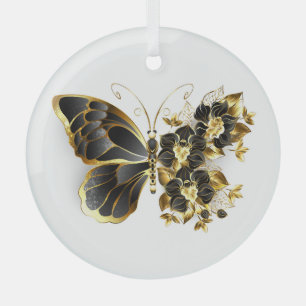 Ornement En Verre Gold flower Butterfly with Black Orchid
