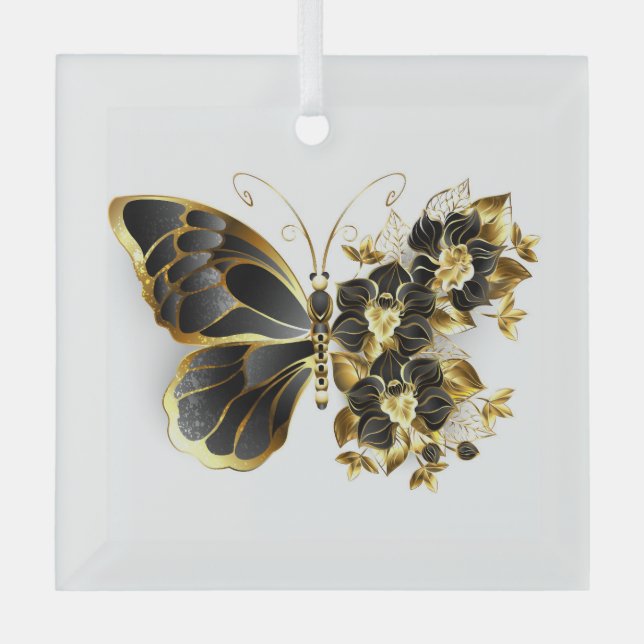 Ornement En Verre Gold flower Butterfly with Black Orchid (Recto)