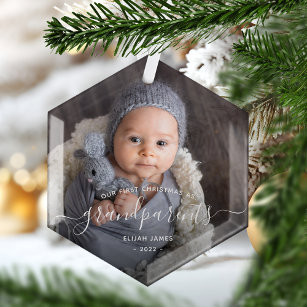 Ornement En Verre Grand-parents First Christmas Photo White Script