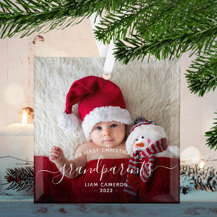 Ornement En Verre Grand-parents First Christmas Photo White Script