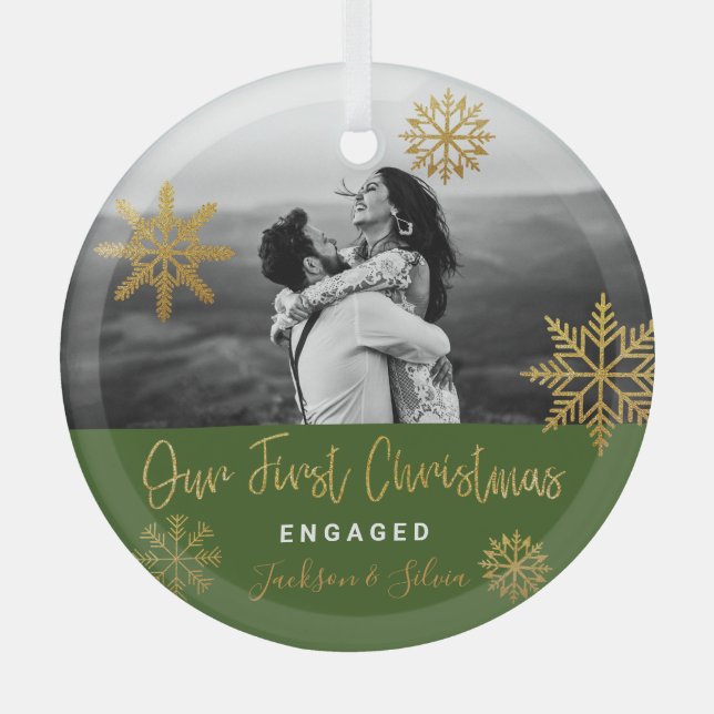 Ornement En Verre Green Gold First Christmas engagé (Recto)