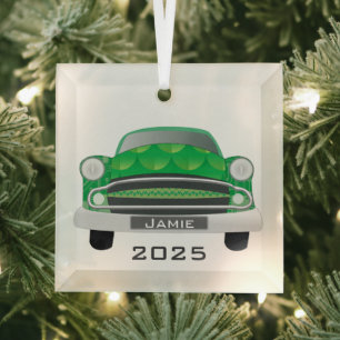 Ornement En Verre Green Mean Retro Car Baby Boy 1er Noël